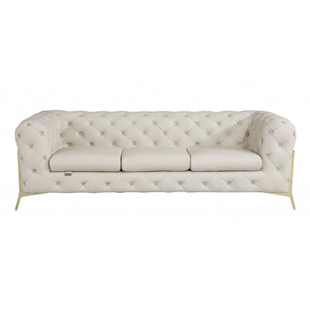 93" Beige Genuine Button Tufted Leather Standard Sofa