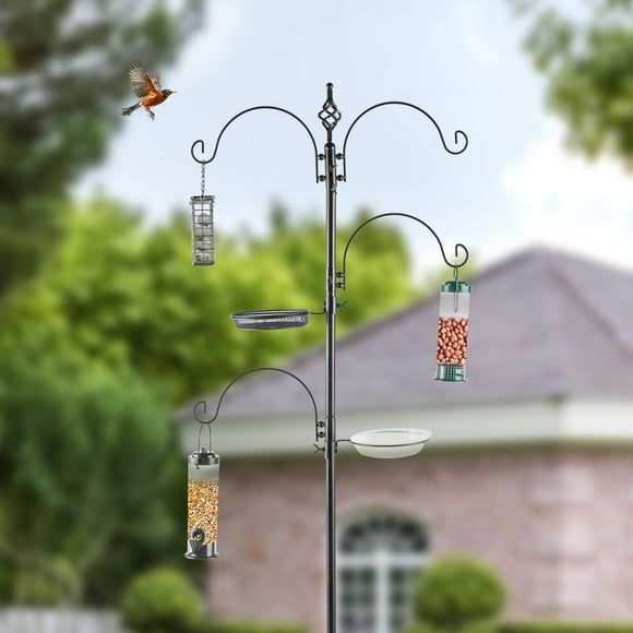 93" Bird Feeder Pole Stand with Squirrel Proof Baffle and 4 Hooks Heavy Duty Steel Wild Bird Feeding Station for Outdoors,Garden,Yard,Adjustable Hanging Pole for Tube,Suet,Hummingbird Feeders,Black