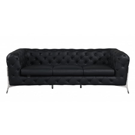93" Black Genuine Tufted Leather and Chrome Standard Sofa
