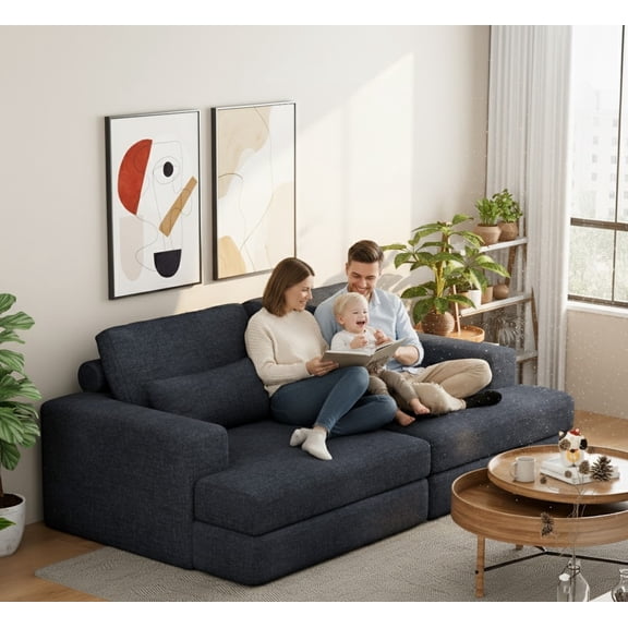 93" Comfy Upholstered Blue Sleeper Sofa with Wide Arms & Deep Seating