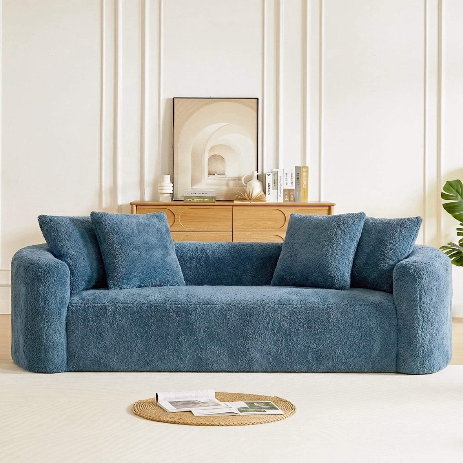 93" Curved Chenille Cloud Couch, No Assembly Boneless Compression Sofa with 28" Deep Seat and 4 Throw Pillows, 4 Seater for Living Room