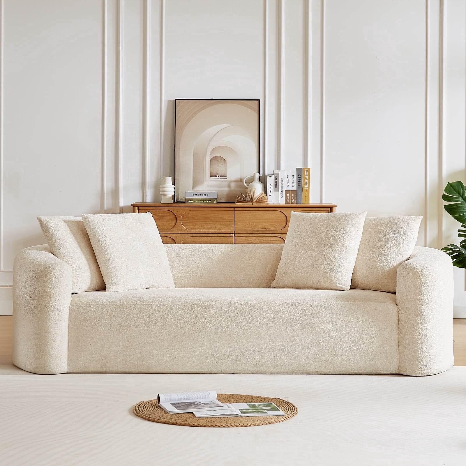 93" Curved Chenille Cloud Couch, No Assembly Boneless Compression Sofa with 28" Deep Seat and 4 Throw Pillows, 4 Seater for Living Room