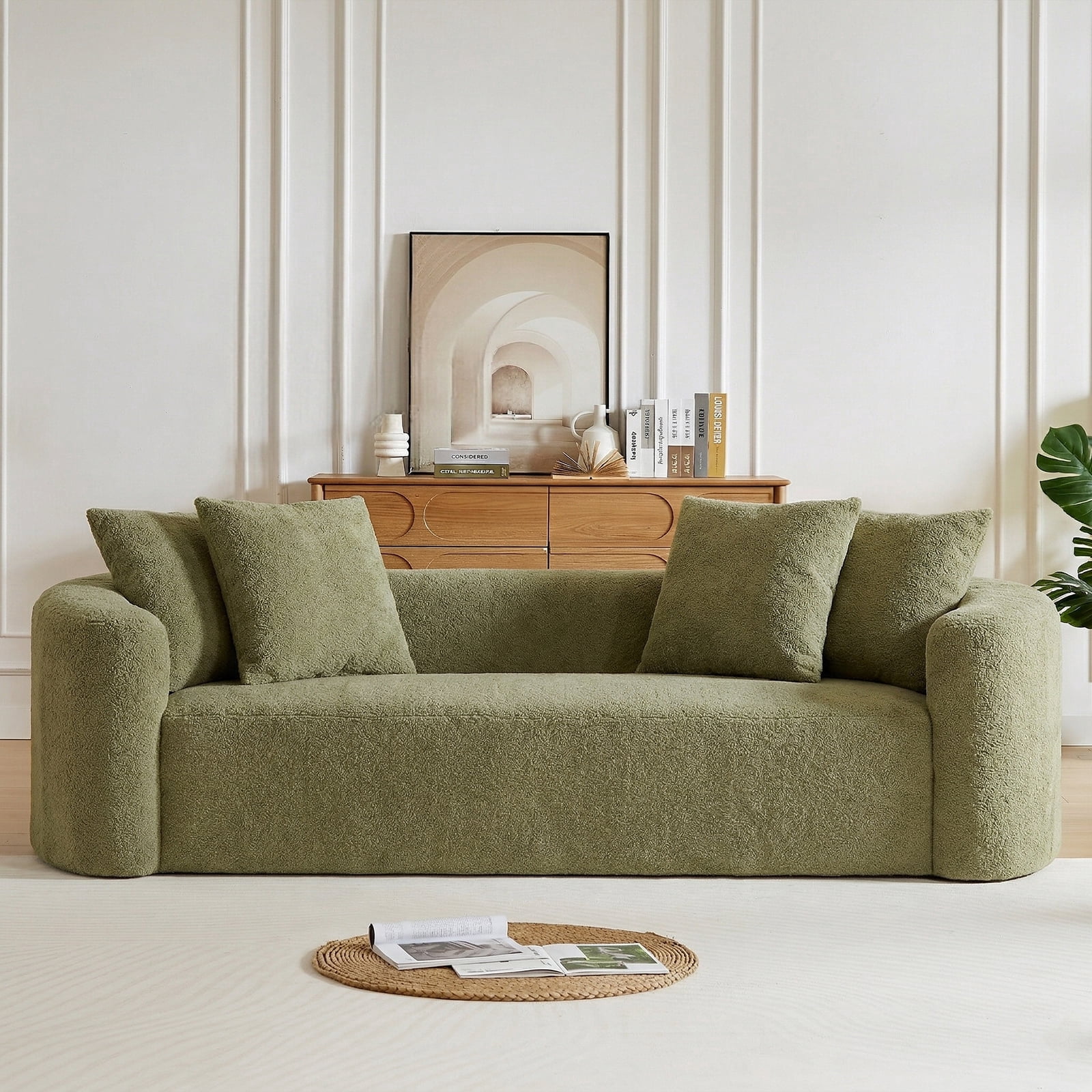 93" Curved Chenille Cloud Couch, No Assembly Boneless Compression Sofa with 28" Deep Seat and 4 Throw Pillows, 4 Seater for Living Room