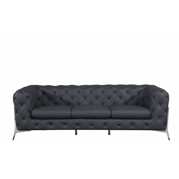 93" Dark Gray Genuine Button Tufted Leather Standard Sofa