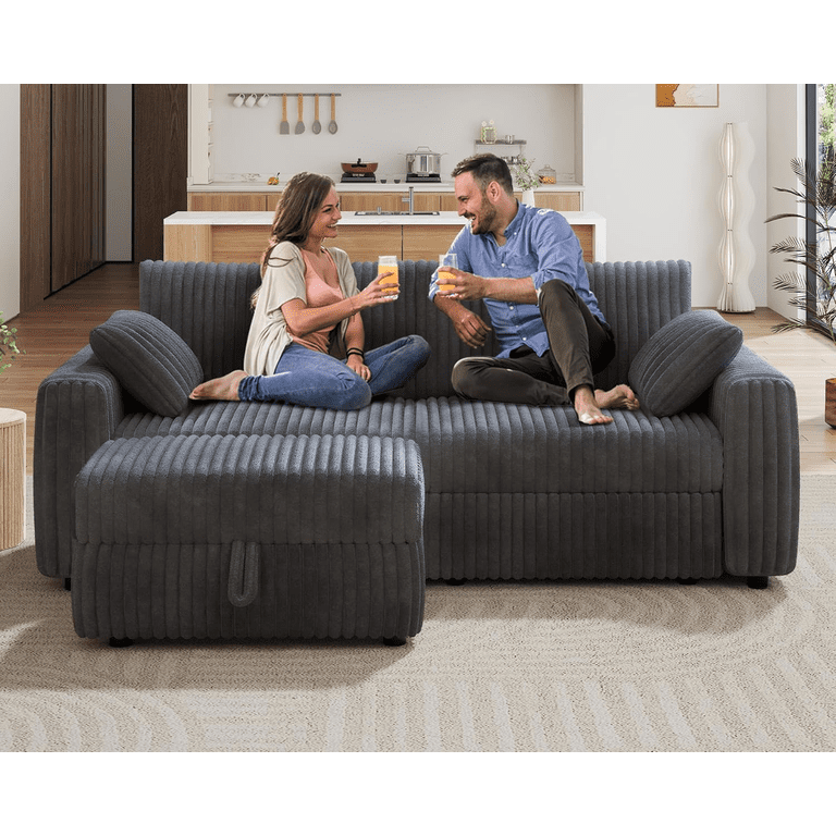 100" L-Shaped Modular Sectional Sofa With Ottoman & Storage - Chenille Cloud Couch, Light Grey