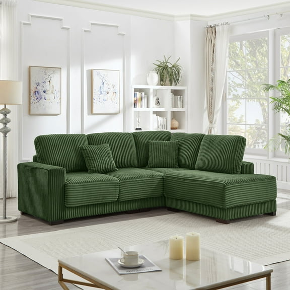 93 Inch L Shaped Sectional Sofa with Reversible Chaise Lounge, Upholstered Corduroy Couch for Living Room and Apartment, Convertible Design with Washable Covers (Green)