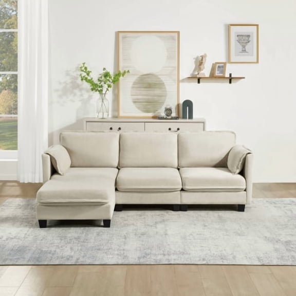 93 Inch L-Shaped Sofa with Storage Armrest, Cotton Linen Fabric 3-Seater Sectional with Movable Ottoman, Modern Modular Couch for Living Room, Office, Beige