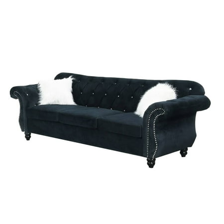 93 Inches Nailhead Trim Velvet Sofa with Crystal Tufting, Black