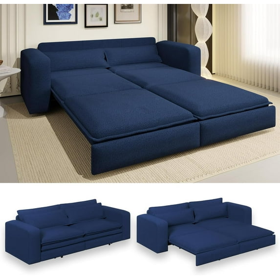93" King Pull Out Sofa Bed, Teddy Sleeper Sofa Couch, Modern Wide Armrest, 3 in 1 Convertible Futon Couches for Living Room, Small Space, Apartment, Office, Bedroom, Blue