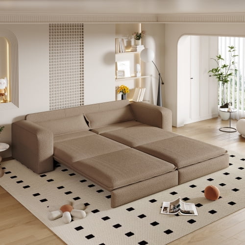 93" King Size 3-in-1 Convertible Sleeper Sofa Bed with Chaise, Pull Out Couch Modern Living Room Furniture, Camel Teddy Fabric