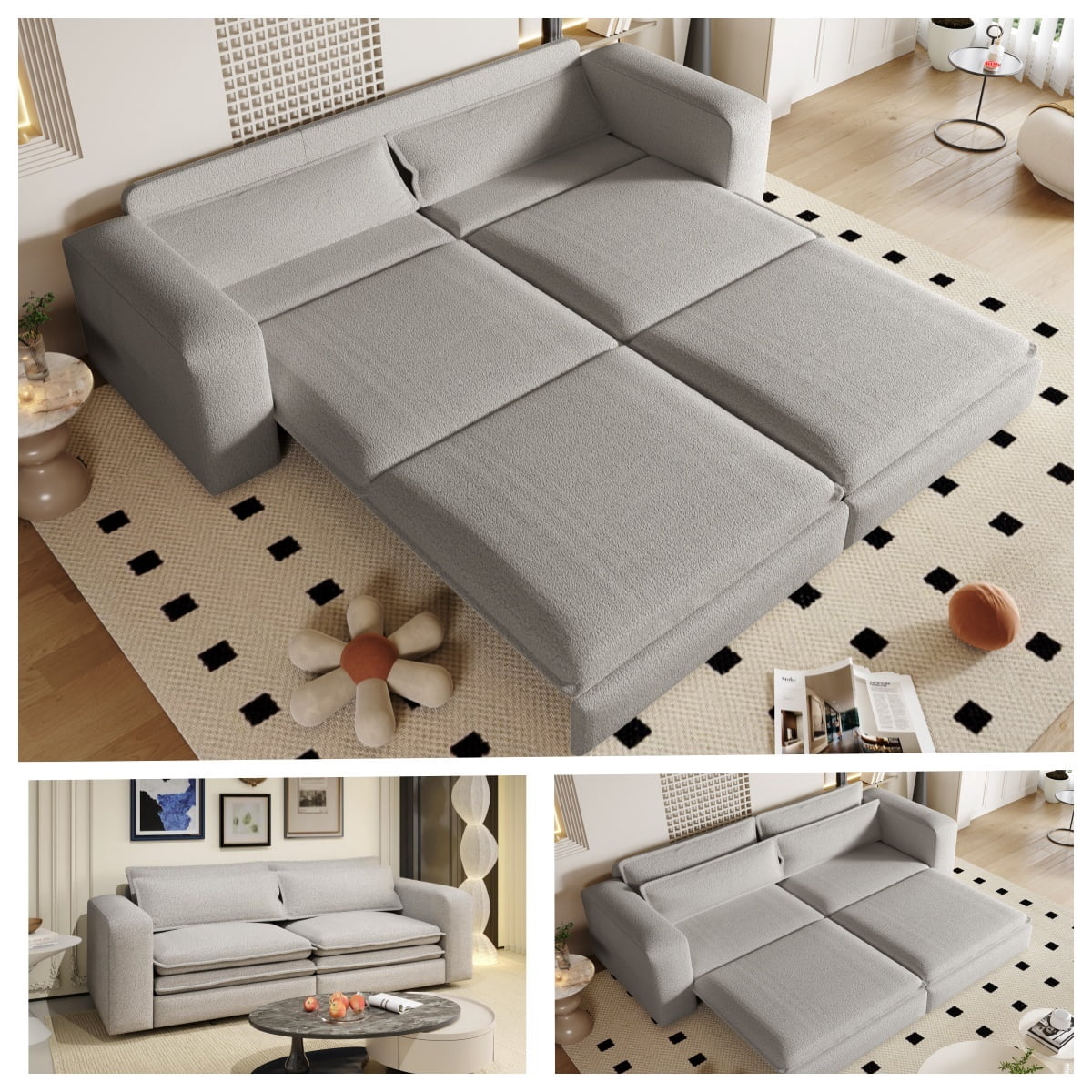 93" King Size Sleeper Sofa Bed, 3-in-1 Convertible Pull Out Couch, Chaise Lounge, Sherpa Fleece 3-Seater Upholstered Sofa with 2 Lumbar Pillows for Living Room, Apartment, and Office