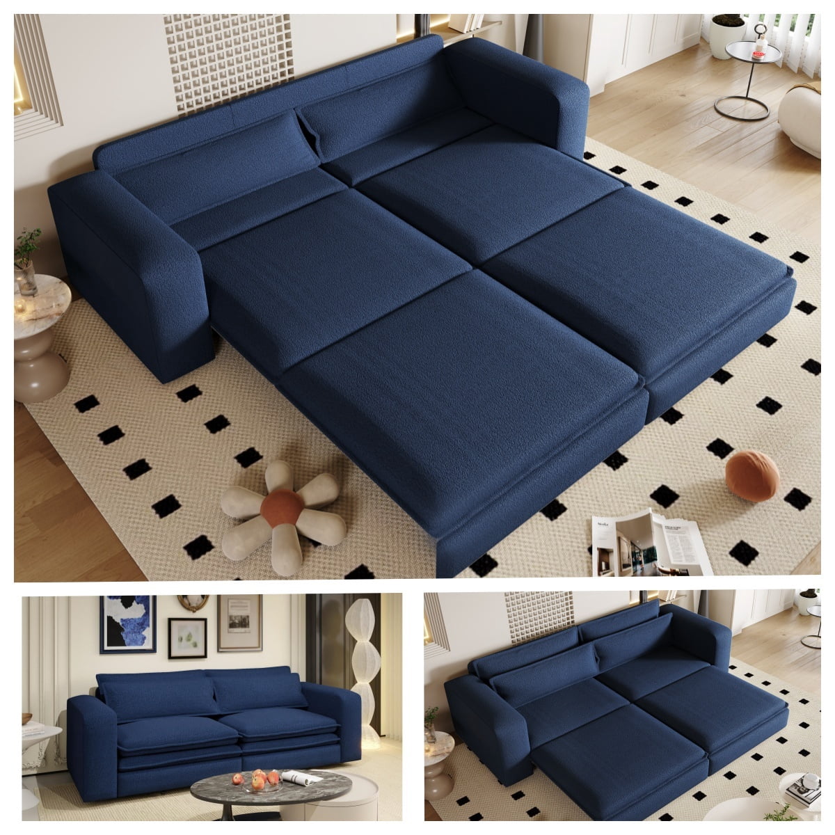 93" King Size Sleeper Sofa Bed, 3-in-1 Convertible Pull Out Couch, Chaise Lounge, Sherpa Fleece 3-Seater Upholstered Sofa with 2 Lumbar Pillows for Living Room, Apartment, and Office