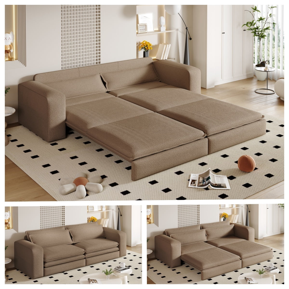93" King Size Sleeper Sofa Bed, 3-in-1 Convertible Pull Out Couch, Chaise Lounge, Sherpa Fleece 3-Seater Upholstered Sofa with 2 Lumbar Pillows for Living Room, Apartment, and Office