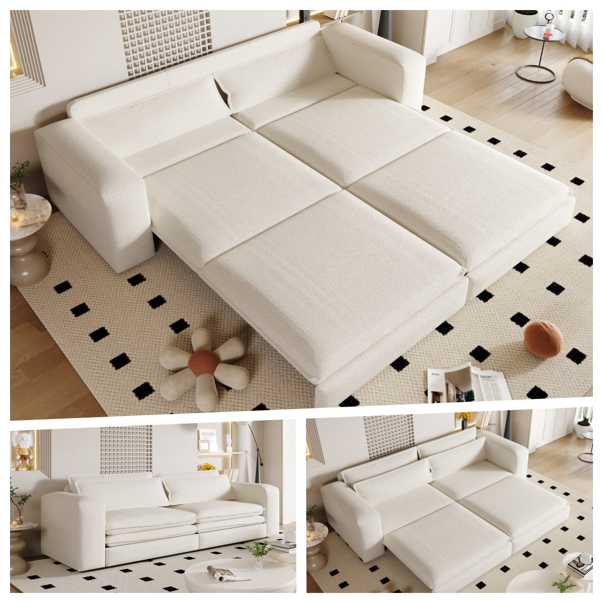 93" King Size Sleeper Sofa Bed, 3-in-1 Convertible Pull Out Couch, Chaise Lounge, Sherpa Fleece 3-Seater Upholstered Sofa with 2 Lumbar Pillows for Living Room, Apartment, and Office