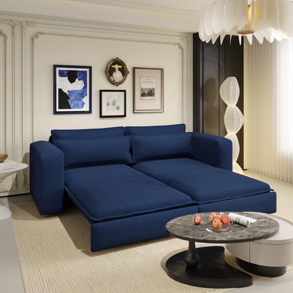 93" King Size Sleeper Sofa Bed, Pull Out Sofa Bed, 3 in 1 Convertible Sleeper Sofa, Chaise Lounge, 3 Seat Teddy Couch with 2 Lumbar Pillows for Living Room, Apartment, Office, Studies (Blue)