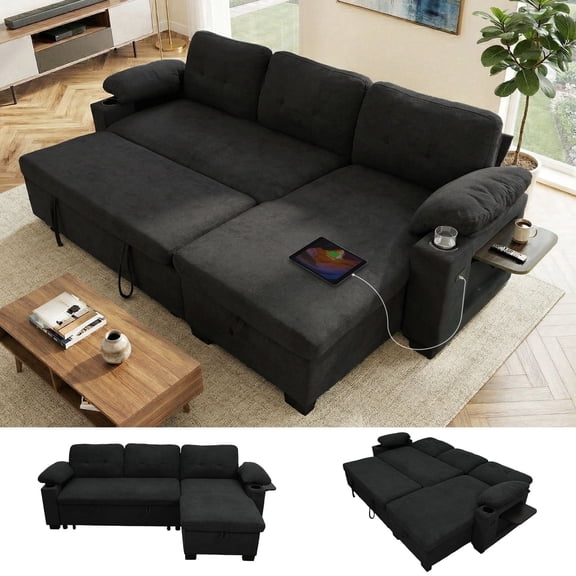 93" L Shaped Sleeper Sofa Bed, Pull Out Sectional Couch with Storage Chaise/Reclining Backrest, Sectional Couches for Living Room with USB Port, Foldable Table, Cup Holder, Side Pocket, Black