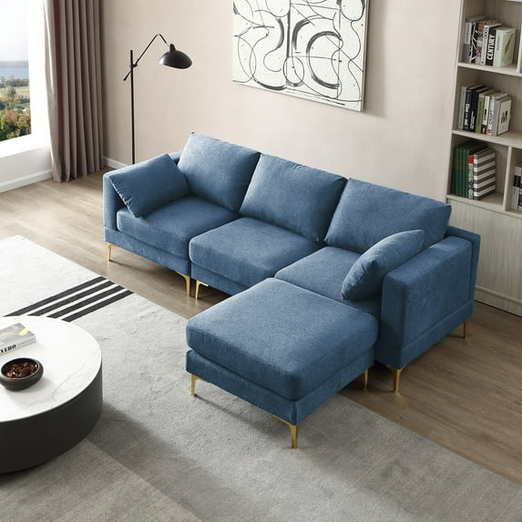 93"L-shaped Sectional Sofa with Removable Ottoman Footrest and Metal Legs, Modern Free Combination Modular Sofa Couch with Soft Backrest & Armrest & Thick Seats Cushion for Living Room, Blue