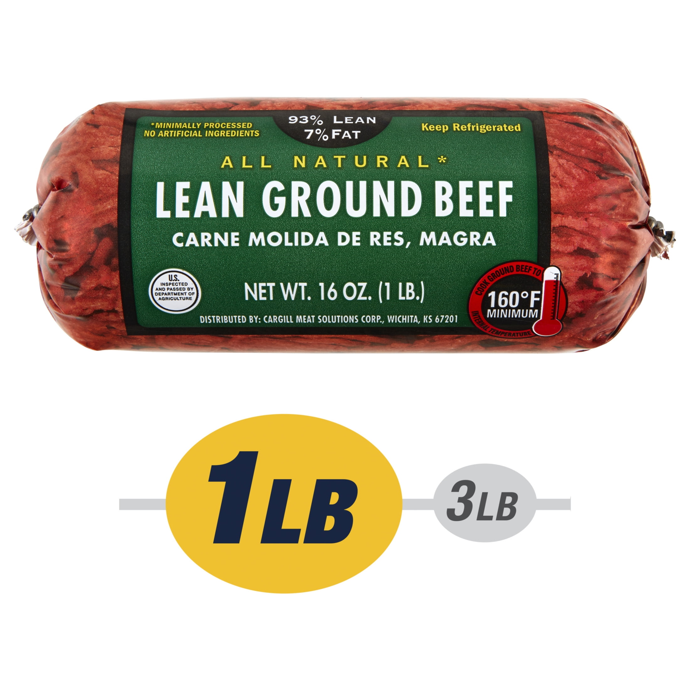 93% Lean / 7% Fat Lean Ground Beef, 1 lb Roll, Fresh, All Natural*