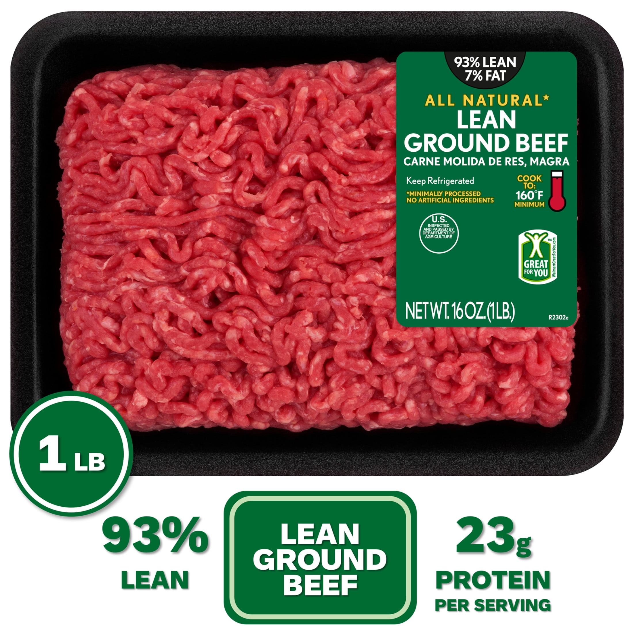 FRESH GROUND BEEF 93% Lean / 7% Fat Lean Ground Beef, 1 lb Tray, Fresh, All Natural*