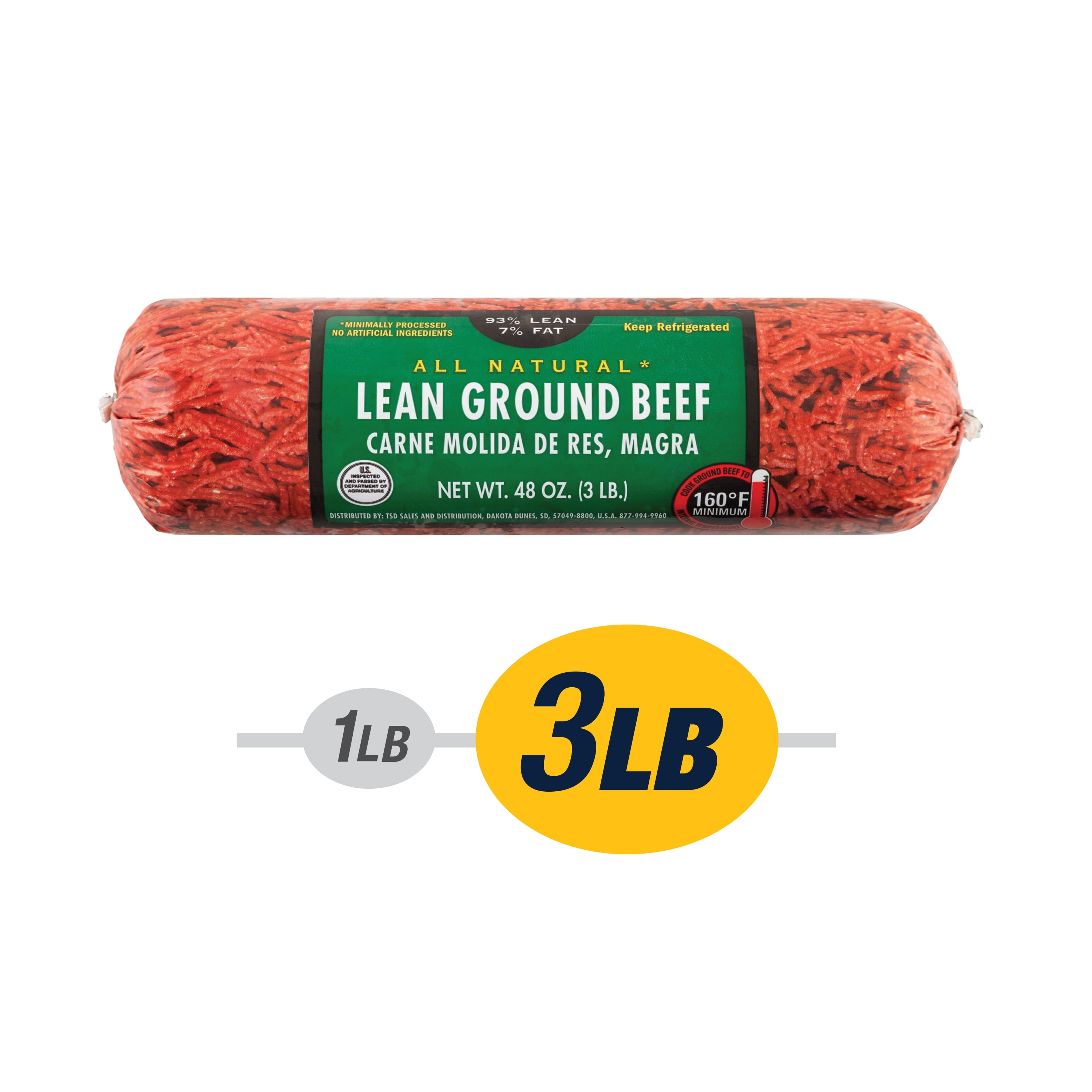 93% Lean / 7% Fat Lean Ground Beef, 3 lb Roll, Fresh, All Natural*