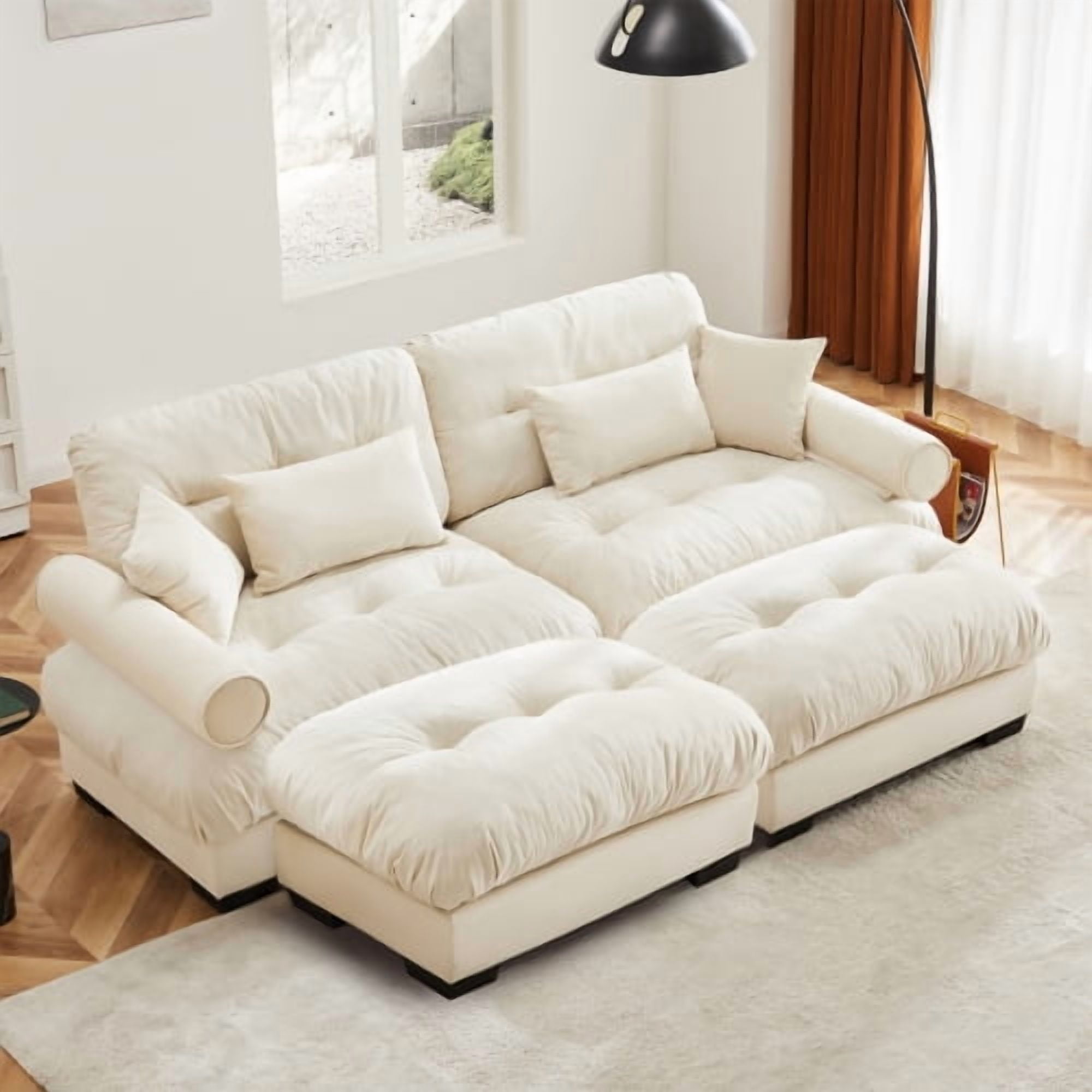 93" Modern Oversized Cream Velvet 2-Seater Sofa with Ottoman, Round Bolster Armrests, Waist Pillow & Throw Pillows, Cloud-Like Modular Couch for Reading Room, Loft & Bedroom