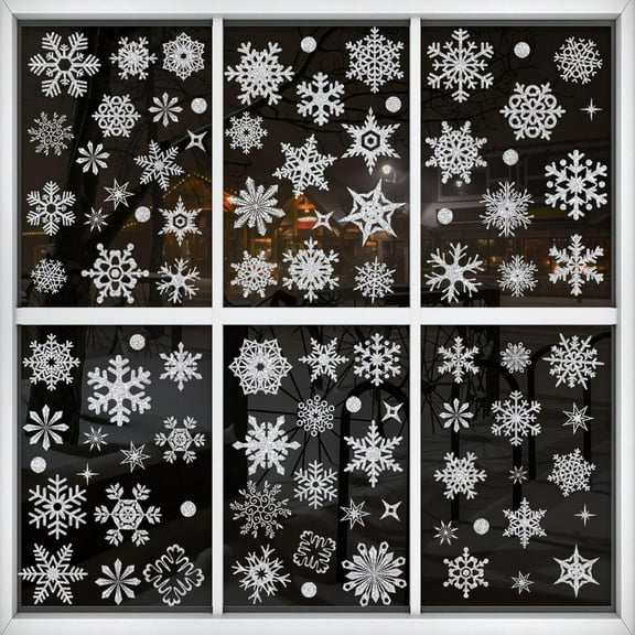 93 PCS Glitter Snowflake Window Stickers Christmas Window Clings, Sparkling Snowflake Window Decals Winter Wonderland Decorations for Home Christmas Party
