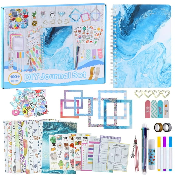 93 Pcs Blue Ocean Waves Theme DIY Journal Kit, Journaling Art Craft Set with Stickers, Bookmarks and Tape, for Scrapbooking Diary Supplies