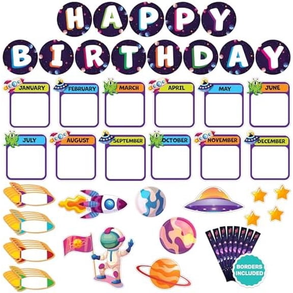 93 Pcs Cutouts Space Theme Happy Birthday Bulletin Board Set for Classroom with Accompanying Borders, Birthday Board Classroom Decor - Classrooms, Bulletin Boards