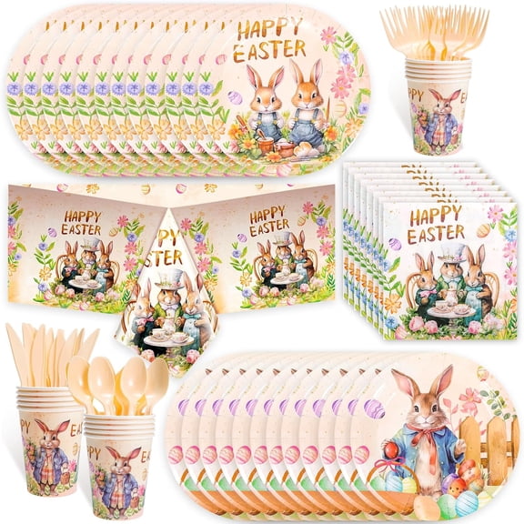 93-Piece Retro Easter Tableware Set, Disposable Paper Plates, Napkins, Bunny Cups, Forks, And Plastic Tablecloths For Easter Party Decorations
