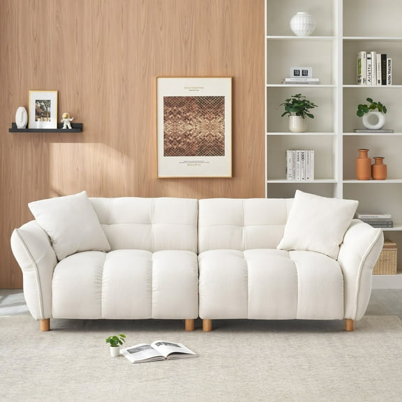 93" Sofa Couch for Living Room,Teddy Upholstered Sofa,3 Seater Couch with 2 Pillows for Apartment,Bedroom,Office,Beige