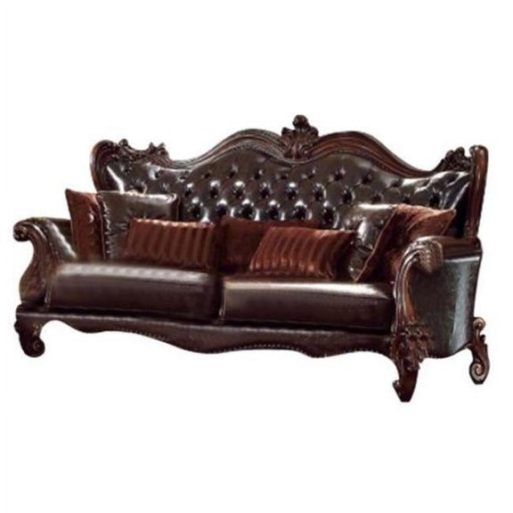 93 in. Brown Faux Leather & Cherry Blossom Pink Sofa with 7 Toss Pillows