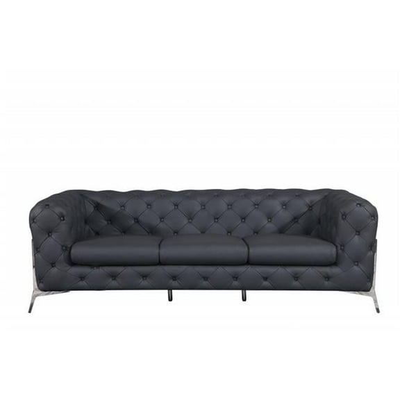 93 in. Genuine Button Tufted Leather Standard Sofa, Dark Gray