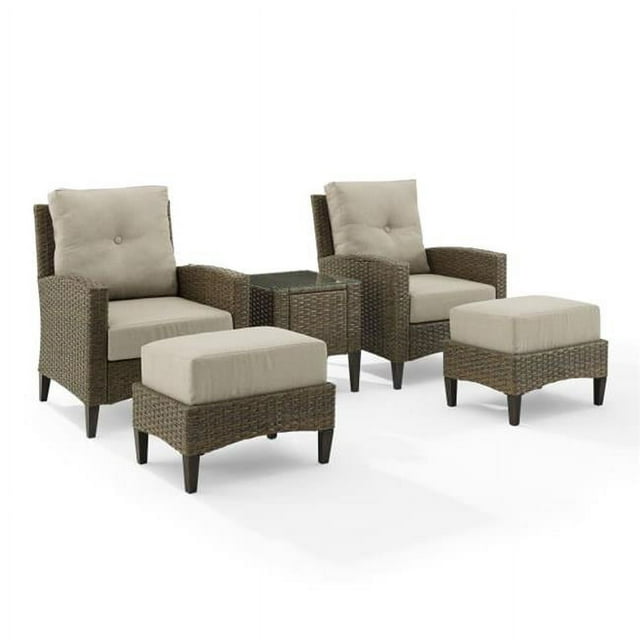 93 x 65 x 37.50 in. Rockport Outdoor Wicker High Back Chair Set - Side Table, 2 Armchairs & 2 Ottomans, Oatmeal & Light Brown - 5 Piece