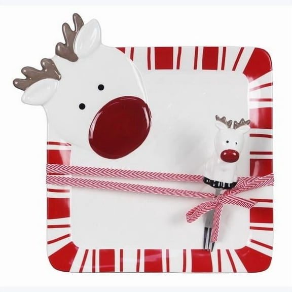 93056 - Ceramic Traditional Christmas Snack Plate with Fork Set
