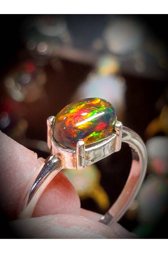931 Sterling Silver Opal Ring, Black Fire Opal, Gemstone Wedding Band Dark Gemstone Ring, Unisex Ring, Opal Jewelry, Gifts for Him