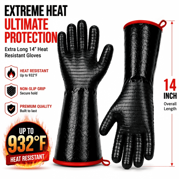 932F Extreme Heat Resistant Gloves for Grill BBQ,Waterproof Long Sleeve Pit Grill Gloves for Fryer, Baking, Oven,Smoker,Fireproof, Oil Resistant Neoprene Coating14-Inch