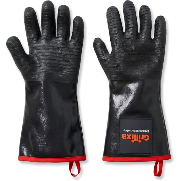 932F Heat Resistant BBQ Gloves, 14-Inch Waterproof Neoprene Grill Gloves, Oil & Slip Resistant with Cotton Lining, for Oven, Smoker, Fire Pit, Rotisserie and BBQ Cooking