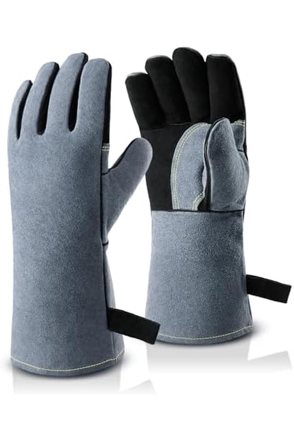 932°F Heat Resistant Forge Welding Gloves 14 Inches Cowhide Leather, Long Sleeve Insulated Grill Gloves for Tig Welder, Mig, Barbecue, Stove, Gray