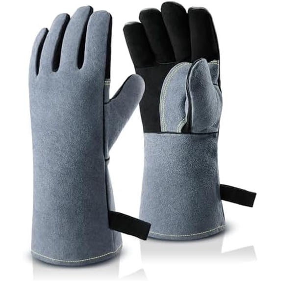 932°F Heat Resistant Mig/Stick Welding Gloves 14 inches Cowhide Leather - Long Sleeve and Insulated Lining Barbecue Glove for Tig Welder/Grilling/Oven/Stove Black-gray