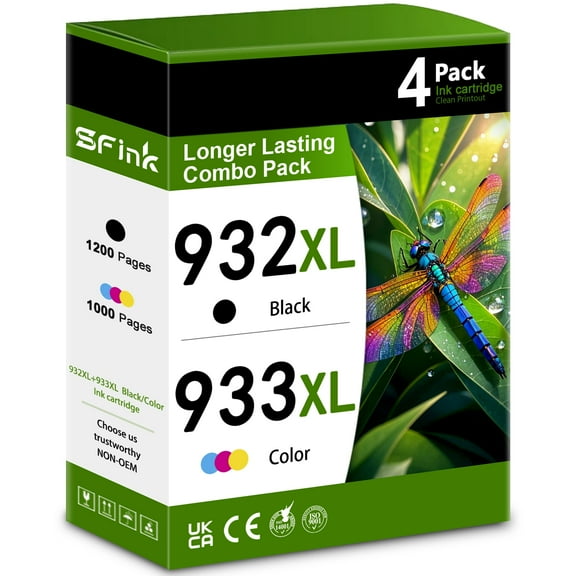 932XL 933XL (4-Pack 1BK/1C/1M/1Y) Ink Cartridge Compatible for HP 932XL 933XL Ink Cartridges for OfficeJet 7620 7612 7510 6100 6600 6700 7110 7610 Printers
