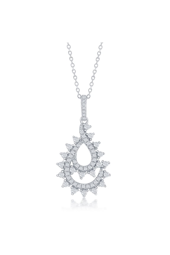 935 Sterling Silver Rhodium Plated High Polished Pear-shaped Curved Designed Cluster Cubic Zirconia 18 Pendant Necklace