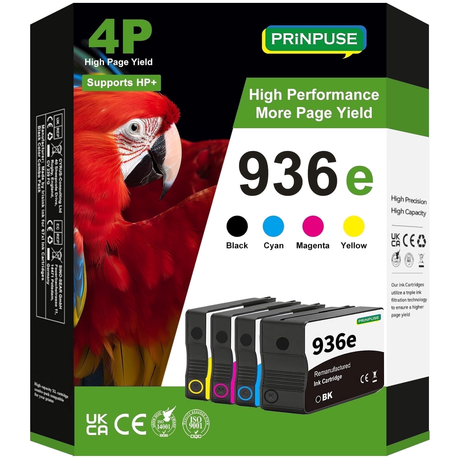 936e Ink Cartridges Compatible for HP 936 936e Ink Cartridge for HP Officejet Pro 9110 9120 9130 9720 9730 Printer Ink High Yield (4 Pack Black Cyan Yellow Magenta)