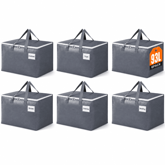 93L 6-Pack Heavy Duty Storage Totes With Zippers And Handles
