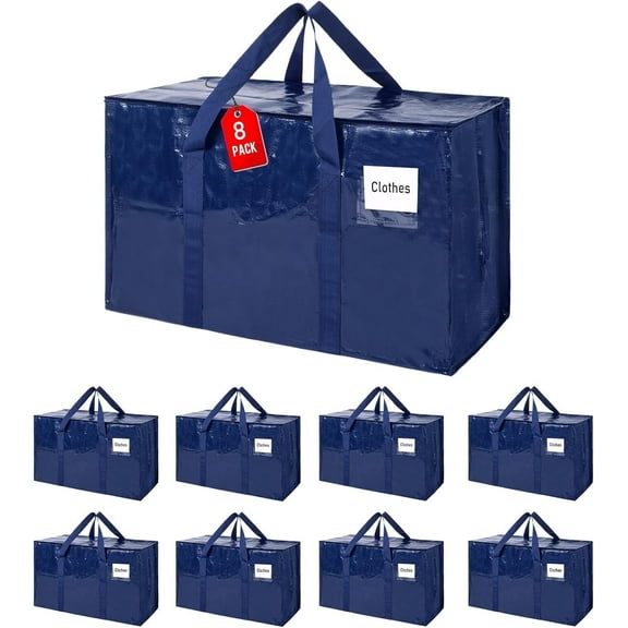 93L Moving Bags Totes 8 pack Storage Bag Bins Large Moving Boxes with Lids Zippers Handles for College Dorm, Traveling, Camping, Christmas
