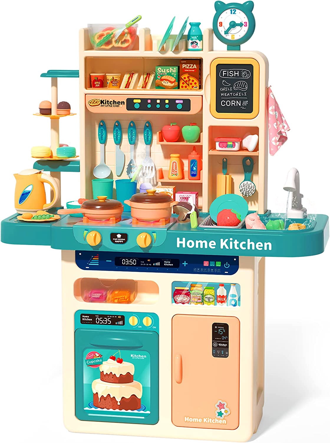93PCS Kids Kitchen Playset,Play Kitchen Toy with Realistic Lights & Sounds,Pretend Steam,Play Sink & Oven,Color Changing Play Food,Menu Board & Other Kitchen Accessories Set for Toddlers