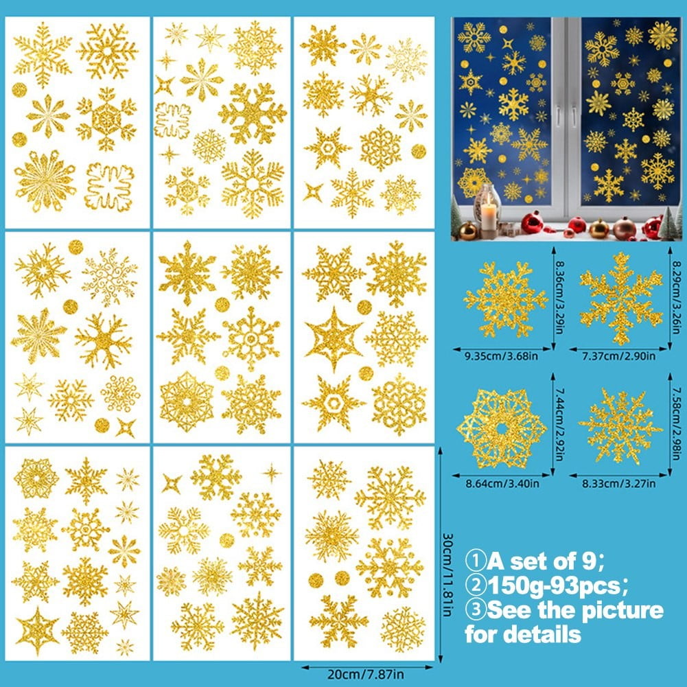 93Pcs Christmas Snowflake DoubleSided Window Stickers Sprinkled Gold