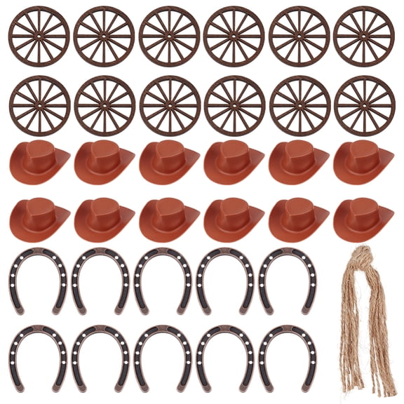 93Pcs Western Theme Party Decorations Include 30pc Mini Cowboy Hats 24pc Wagon Wheel Set 24pc Hemp Rope 15pcs Horseshoes Link Cowboy Table