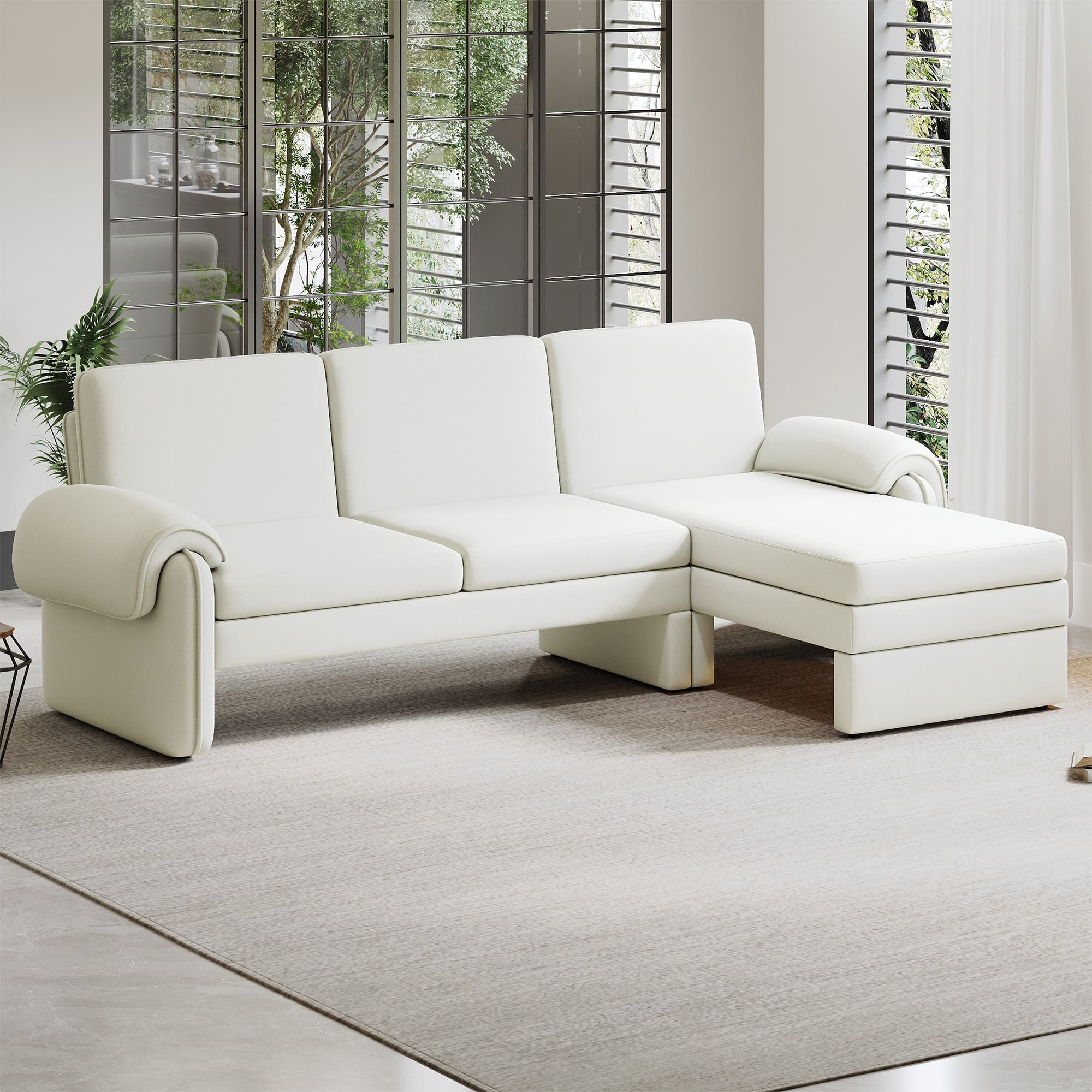 94.1" Convertible Futon Sofa Bed,Futon Sofa Couch with Adjustable Backrest,Reversible Chaise Lounge and Two Removable Armrest Pillows for Living Room,Beige