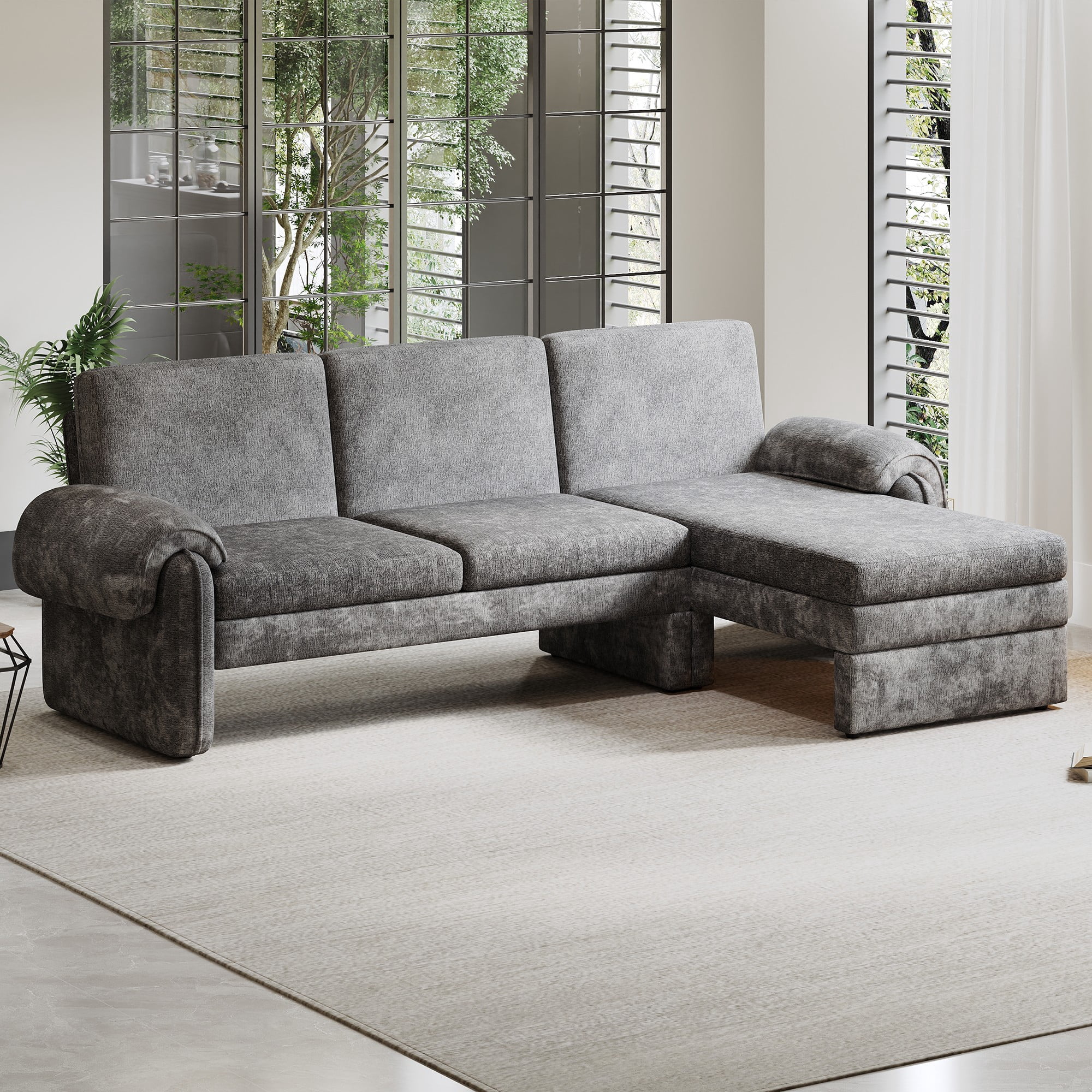 94.1" Convertible Futon Sofa Bed,Futon Sofa Couch with Adjustable Backrest,Reversible Chaise Lounge and Two Removable Armrest Pillows for Living Room,Gray