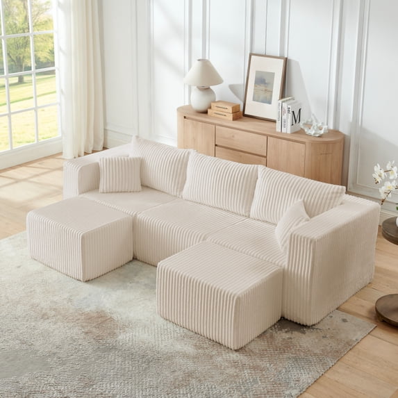 94.1" modular Sectional Sofa,Compressed Corduroy couch, Comfy Compression Sofa for small spaces, Beige